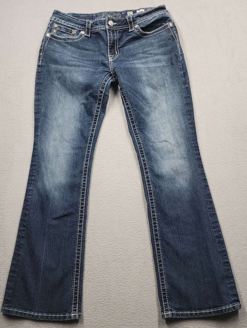 Miss Me Signature Rise Bootcut Jeans Blue Embellished Pocket Womens 32 Rodeo Y2K